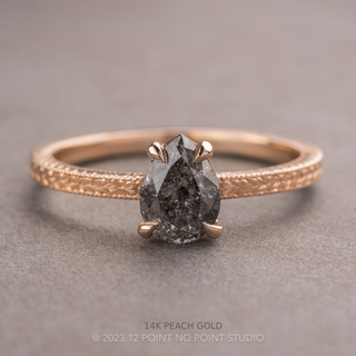 1.09 Carat Salt and Pepper Pear Diamond Engagement Ring, Engraved Basket Jane Setting, Point No Point Studio. Available in a variety of metal types. Eco-friendly, Recycled Metals, Conflict Free.