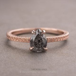 1.09 Carat Salt and Pepper Pear Diamond Engagement Ring, Engraved Basket Jane Setting, Point No Point Studio. Available in a variety of metal types. Eco-friendly, Recycled Metals, Conflict Free.