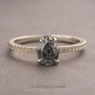 1.09 Carat Salt and Pepper Pear Diamond Engagement Ring, Engraved Basket Jane Setting, Point No Point Studio. Available in a variety of metal types. Eco-friendly, Recycled Metals, Conflict Free.