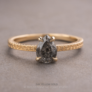 1.09 Carat Salt and Pepper Pear Diamond Engagement Ring, Engraved Basket Jane Setting, Point No Point Studio. Available in a variety of metal types. Eco-friendly, Recycled Metals, Conflict Free.