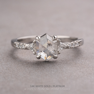 1.30 Carat Icy White Hexagon Diamond Engagement Ring, Eliza Setting, Point No Point Studio. Available in a variety of metal types. Eco-friendly, Recycled Metals, Conflict Free.
