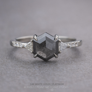 1.65 Carat Black Hexagon Diamond Engagement Ring, Eliza Setting, Point No Point Studio. Available in a variety of metal types. Eco-friendly, Recycled Metals, Conflict Free.