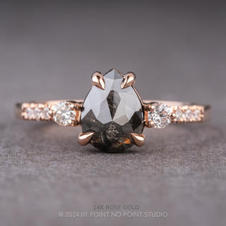 1.37 Carat Black Pear Diamond Engagement Ring, Eliza Setting, Point No Point Studio. Available in a variety of metal types. Eco-friendly, Recycled Metals, Conflict Free.