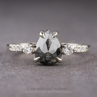 1.37 Carat Black Pear Diamond Engagement Ring, Eliza Setting, Point No Point Studio. Available in a variety of metal types. Eco-friendly, Recycled Metals, Conflict Free.