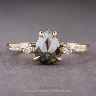 1.37 Carat Black Pear Diamond Engagement Ring, Eliza Setting, Point No Point Studio. Available in a variety of metal types. Eco-friendly, Recycled Metals, Conflict Free.
