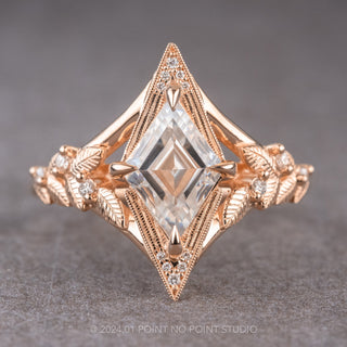 1.57 Carat Lozenge Moissanite and Diamond Engagement Ring, Thistle Setting, 14k Rose Gold