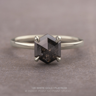 1.95 Carat Black Salt and Pepper Hexagon Diamond Engagement Ring, Tulip Basket Jane Setting, Point No Point Studio. Available in a variety of metal types. Eco-friendly, Recycled Metals, Conflict Free.