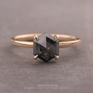 1.95 Carat Black Salt and Pepper Hexagon Diamond Engagement Ring, Tulip Basket Jane Setting, Point No Point Studio. Available in a variety of metal types. Eco-friendly, Recycled Metals, Conflict Free.