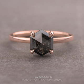 1.95 Carat Black Salt and Pepper Hexagon Diamond Engagement Ring, Tulip Basket Jane Setting, Point No Point Studio. Available in a variety of metal types. Eco-friendly, Recycled Metals, Conflict Free.