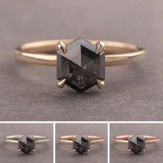 1.95 Carat Black Salt and Pepper Hexagon Diamond Engagement Ring, Tulip Basket Jane Setting, Point No Point Studio. Available in a variety of metal types. Eco-friendly, Recycled Metals, Conflict Free.