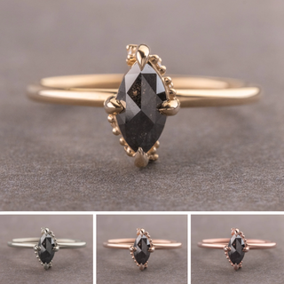 1.26 Carat Black Marquise Diamond Engagement Ring, Rhea Setting, Point No Point Studio. Available in a variety of metal types. Eco-friendly, Recycled Metals, Conflict Free.