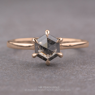 1.19 Carat Black Salt and Pepper Hexagon Diamond Engagement Ring, Lark Setting, Point No Point Studio. Available in a variety of metal types. Eco-friendly, Recycled Metals, Conflict Free.