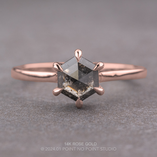 1.19 Carat Black Salt and Pepper Hexagon Diamond Engagement Ring, Lark Setting, Point No Point Studio. Available in a variety of metal types. Eco-friendly, Recycled Metals, Conflict Free.