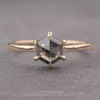 1.19 Carat Black Salt and Pepper Hexagon Diamond Engagement Ring, Lark Setting, Point No Point Studio. Available in a variety of metal types. Eco-friendly, Recycled Metals, Conflict Free.