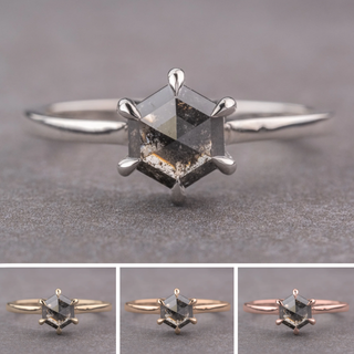 1.19 Carat Black Salt and Pepper Hexagon Diamond Engagement Ring, Lark Setting, Point No Point Studio. Available in a variety of metal types. Eco-friendly, Recycled Metals, Conflict Free.