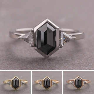 2 Carat Black Hexagon Diamond Engagement Ring, Bezel Zoe Setting