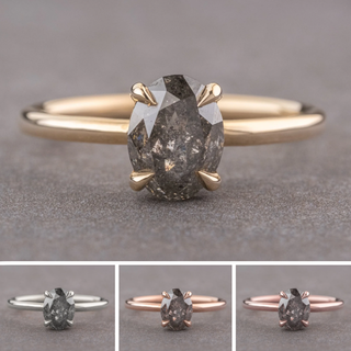 1.31 Carat Salt and Pepper Oval Diamond Engagement Ring, Basket Jane Setting, Point No Point Studio. Available in a variety of metal types. Eco-friendly, Recycled Metals, Conflict Free.