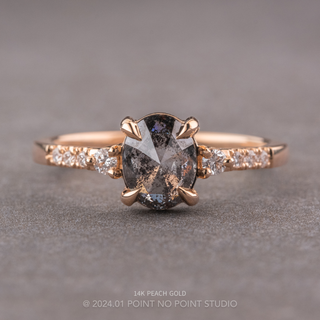 2 Carat Black Salt and Pepper Oval Diamond Engagement Ring, Eliza Setting, Point No Point Studio. Available in a variety of metal types. Eco-friendly, Recycled Metals, Conflict Free.