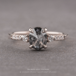 2 Carat Black Salt and Pepper Oval Diamond Engagement Ring, Eliza Setting, Point No Point Studio. Available in a variety of metal types. Eco-friendly, Recycled Metals, Conflict Free.