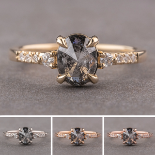 2 Carat Black Salt and Pepper Oval Diamond Engagement Ring, Eliza Setting, Point No Point Studio. Available in a variety of metal types. Eco-friendly, Recycled Metals, Conflict Free.