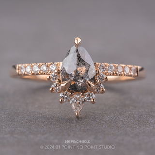 1.46 Carat Salt and Pepper Pear Diamond Engagement Ring, Avaline Setting, Point No Point Studio. Available in a variety of metal types. Eco-friendly, Recycled Metals, Conflict Free.