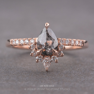 1.46 Carat Salt and Pepper Pear Diamond Engagement Ring, Avaline Setting, Point No Point Studio. Available in a variety of metal types. Eco-friendly, Recycled Metals, Conflict Free.