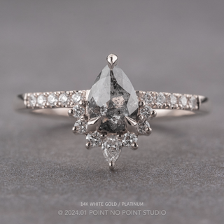 1.46 Carat Salt and Pepper Pear Diamond Engagement Ring, Avaline Setting, Point No Point Studio. Available in a variety of metal types. Eco-friendly, Recycled Metals, Conflict Free.