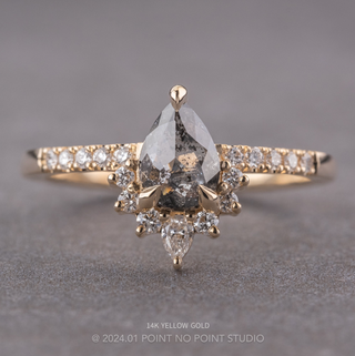 1.46 Carat Salt and Pepper Pear Diamond Engagement Ring, Avaline Setting, Point No Point Studio. Available in a variety of metal types. Eco-friendly, Recycled Metals, Conflict Free.