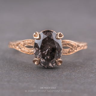 2.29 Carat Black Salt and Pepper Oval Diamond Engagement Ring, Faye Setting, Point No Point Studio. Available in a variety of metal types. Eco-friendly, Recycled Metals, Conflict Free.