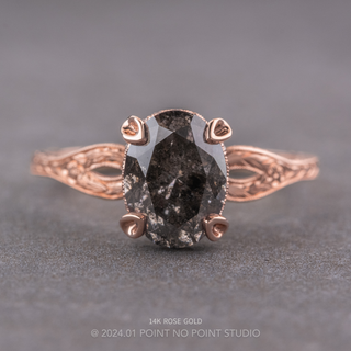 2.29 Carat Black Salt and Pepper Oval Diamond Engagement Ring, Faye Setting, Point No Point Studio. Available in a variety of metal types. Eco-friendly, Recycled Metals, Conflict Free.