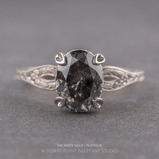 2.29 Carat Black Salt and Pepper Oval Diamond Engagement Ring, Faye Setting, Point No Point Studio. Available in a variety of metal types. Eco-friendly, Recycled Metals, Conflict Free.