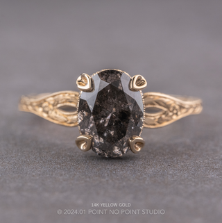 2.29 Carat Black Salt and Pepper Oval Diamond Engagement Ring, Faye Setting, Point No Point Studio. Available in a variety of metal types. Eco-friendly, Recycled Metals, Conflict Free.