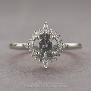 1.21 Carat Salt and Pepper Round Diamond Engagement Ring, Cosette Setting, Point No Point Studio. Available in a variety of metal types. Eco-friendly, Recycled Metals, Conflict Free.