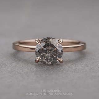 1.29 Carat Salt and Pepper Round Diamond Engagement Ring, Tulip Jane Setting, Point No Point Studio. Available in a variety of metal types. Eco-friendly, Recycled Metals, Conflict Free.