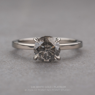 1.29 Carat Salt and Pepper Round Diamond Engagement Ring, Tulip Jane Setting, Point No Point Studio. Available in a variety of metal types. Eco-friendly, Recycled Metals, Conflict Free.