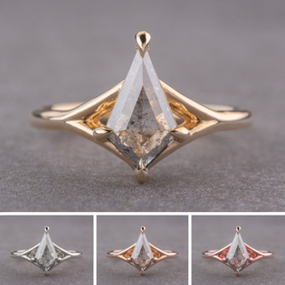 1.10 Carat Salt and Pepper Kite Diamond Engagement Ring, Split Shank Jane Setting, Point No Point Studio. Available in a variety of metal types. Eco-friendly, Recycled Metals, Conflict Free.