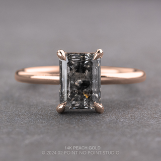 1.64 Carat Salt and Pepper Emerald Shaped Diamond Engagement Ring, Tulip Basket Jane Setting, Point No Point Studio. Available in a variety of metal types. Eco-friendly, Recycled Metals, Conflict Free.