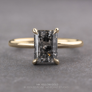 1.64 Carat Salt and Pepper Emerald Shaped Diamond Engagement Ring, Tulip Basket Jane Setting, Point No Point Studio. Available in a variety of metal types. Eco-friendly, Recycled Metals, Conflict Free.