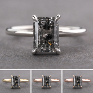 1.64 Carat Salt and Pepper Emerald Shaped Diamond Engagement Ring, Tulip Basket Jane Setting, Point No Point Studio. Available in a variety of metal types. Eco-friendly, Recycled Metals, Conflict Free.