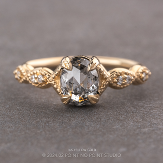 1.33 Carat Canadian Salt and Pepper Oval Diamond Engagement Ring, Winter Setting, Point No Point Studio. Available in a variety of metal types. Eco-friendly, Recycled Metals, Conflict Free.