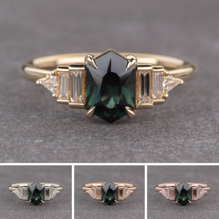 1.53 Carat Teal Hexagon Sapphire and Diamond Engagement Ring, Betty Setting, Point No Point Studio. Available in a variety of metal types. Eco-friendly, Recycled Metals, Conflict Free.