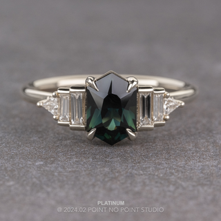 1.53 Carat Teal Hexagon Sapphire and Diamond Engagement Ring, Betty Setting, Point No Point Studio. Available in a variety of metal types. Eco-friendly, Recycled Metals, Conflict Free.