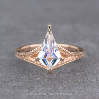 Kite Moissanite Engagement Ring, Split Shank Engraved Jane Setting, 14K Rose Gold