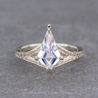 Kite Moissanite Engagement Ring, Split Shank Engraved Jane Setting, Platinum