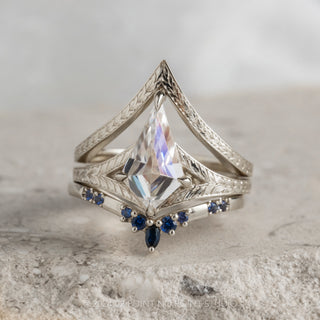 Kite Moissanite Engagement Ring, Split Shank Engraved Jane Setting, Platinum