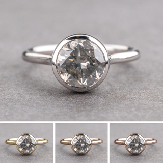 2.04 Carat Salt and Pepper Round Diamond Engagement Ring, Bezel Lenora Setting, Point No Point Studio. Available in a variety of metal types. Eco-friendly, Recycled Metals, Conflict Free.