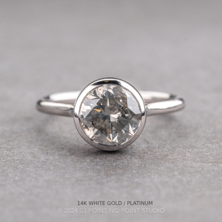 2.04 Carat Salt and Pepper Round Diamond Engagement Ring, Bezel Lenora Setting, Point No Point Studio. Available in a variety of metal types. Eco-friendly, Recycled Metals, Conflict Free.