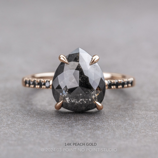 2.91 Carat Black Pear Diamond Engagement Ring, Black Diamond Jules Setting, Point No Point Studio. Available in a variety of metal types. Eco-friendly, Recycled Metals, Conflict Free.