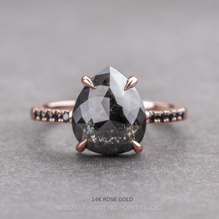 2.91 Carat Black Pear Diamond Engagement Ring, Black Diamond Jules Setting, Point No Point Studio. Available in a variety of metal types. Eco-friendly, Recycled Metals, Conflict Free.
