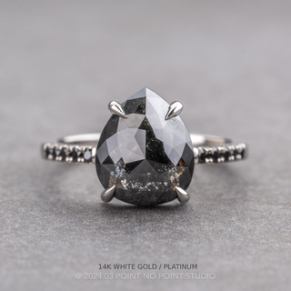 2.91 Carat Black Pear Diamond Engagement Ring, Black Diamond Jules Setting, Point No Point Studio. Available in a variety of metal types. Eco-friendly, Recycled Metals, Conflict Free.